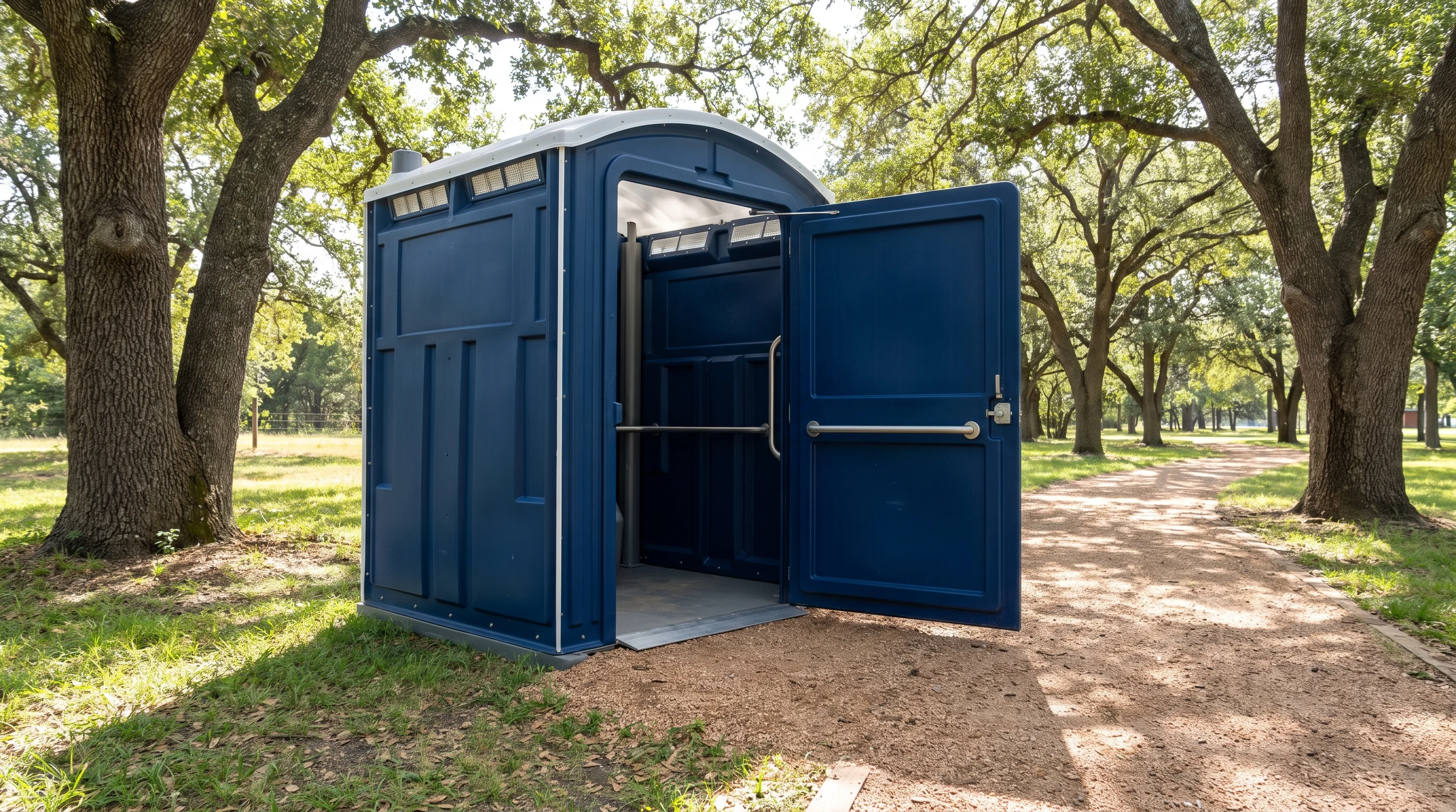 ADA-accessible portable restroom with ramp-level entry