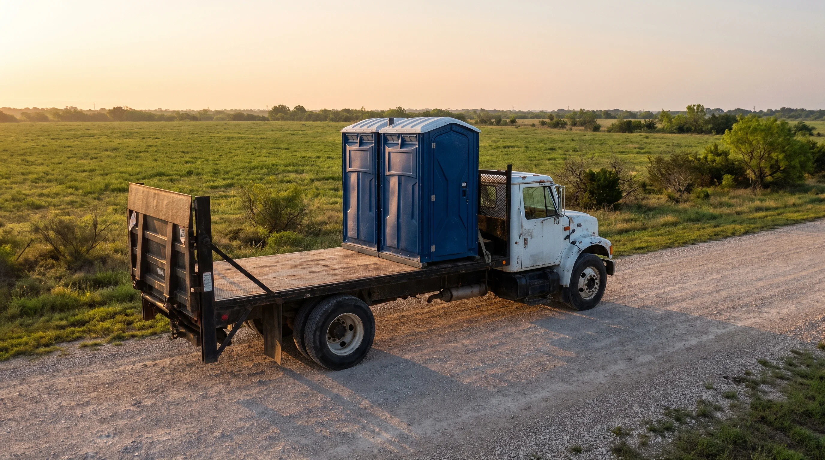 Delivery truck unloading a clean portable toilet at an Austin site