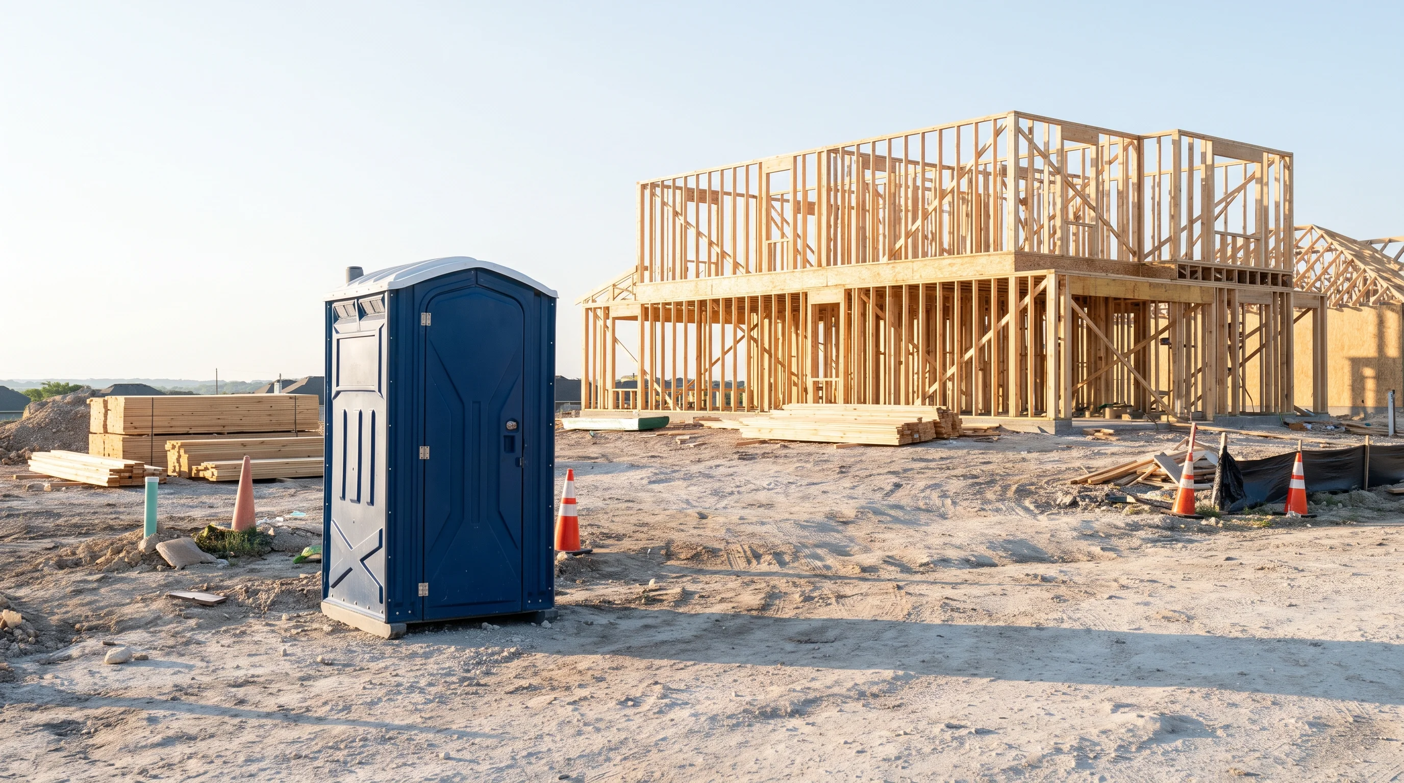 Portable toilet stationed at an Austin construction site next to new framing