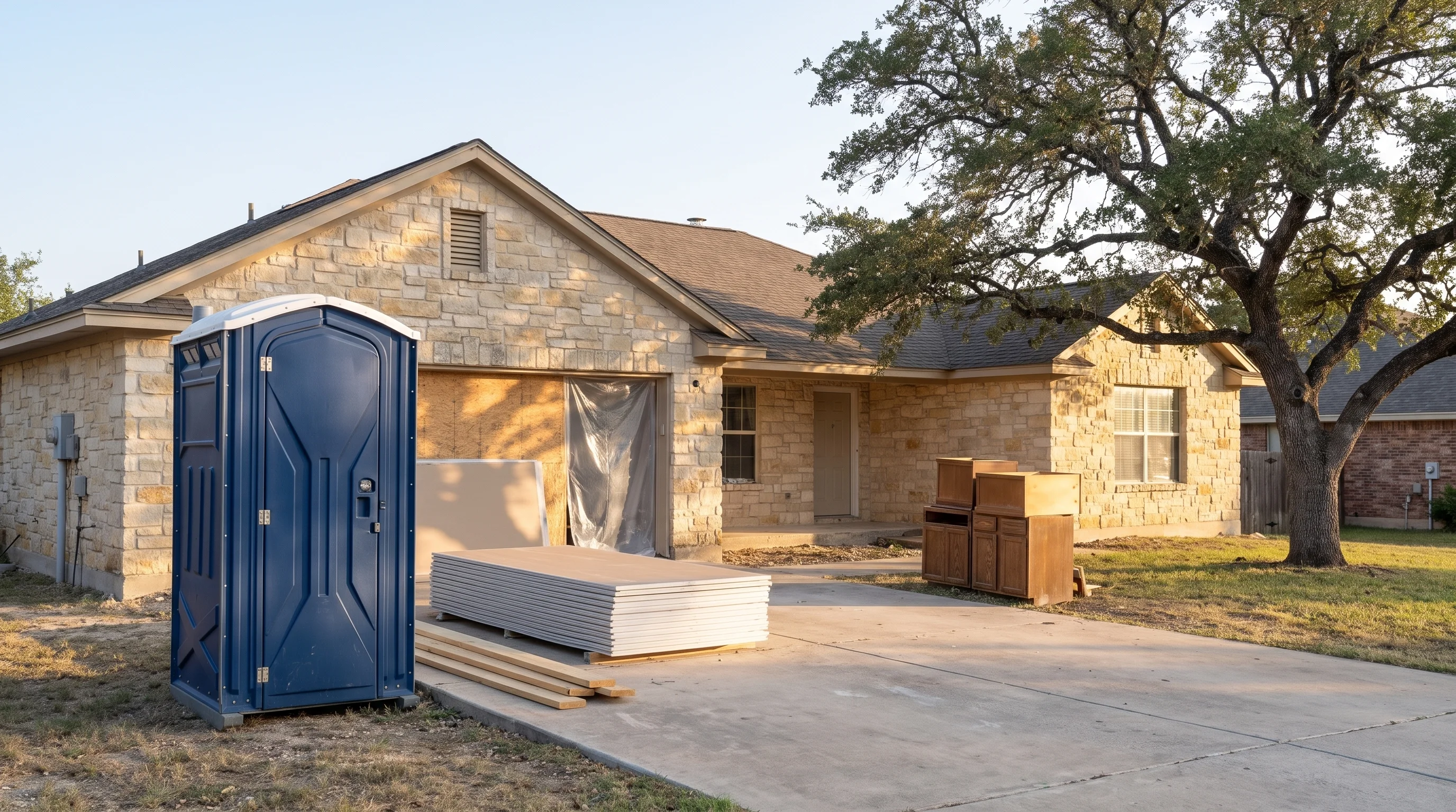 Blue portable toilet beside the driveway of an Austin limestone home during a long remodel