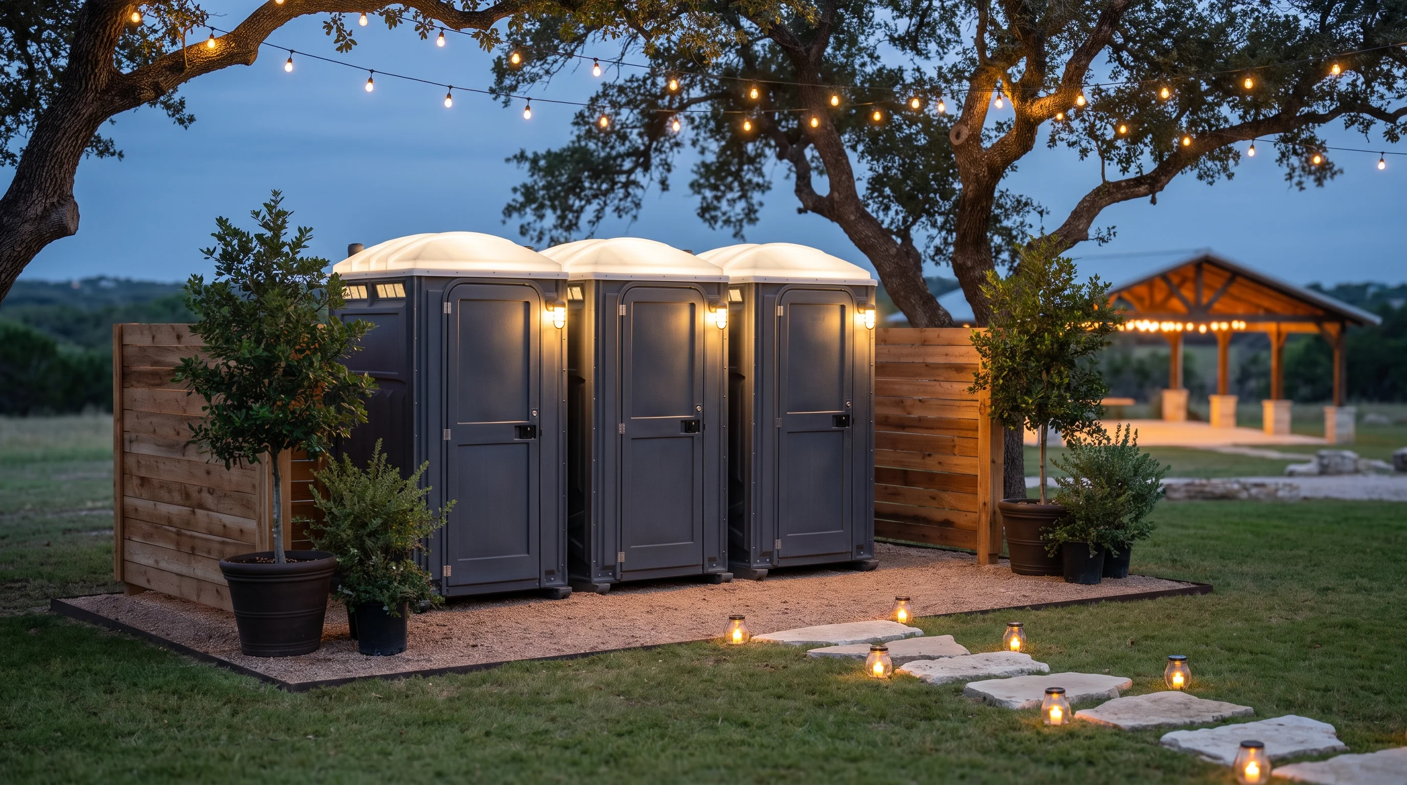 Three deluxe flushing porta potties at dusk on a gravel pad with a lantern-lit path at a Hill Country wedding venue