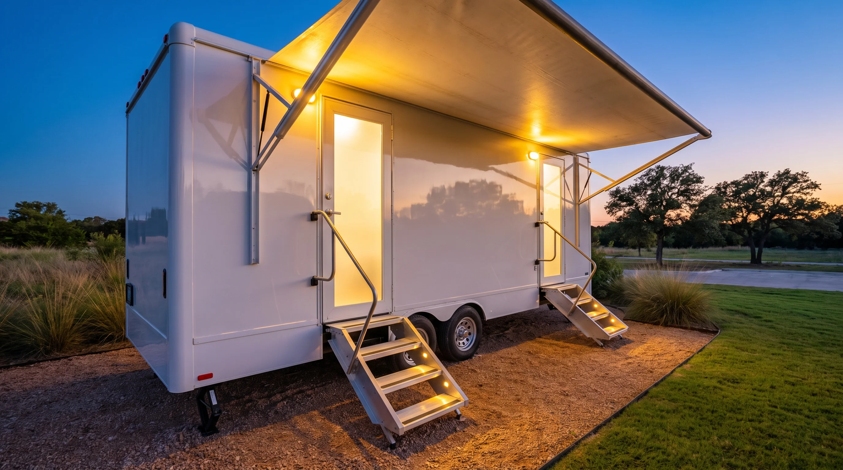Luxury restroom trailer with steps and lighting set up for an event