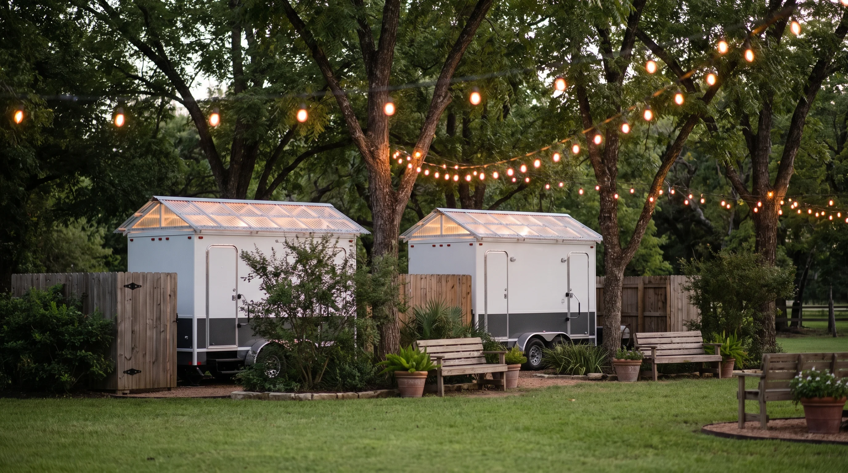Portable restrooms set up on a lawn for an outdoor Austin wedding